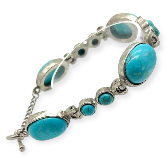 Vintage Bohemian Bracelet Turquoise Blue Round Silver Shape Semiprecious Howlite - Picture 4 of 14